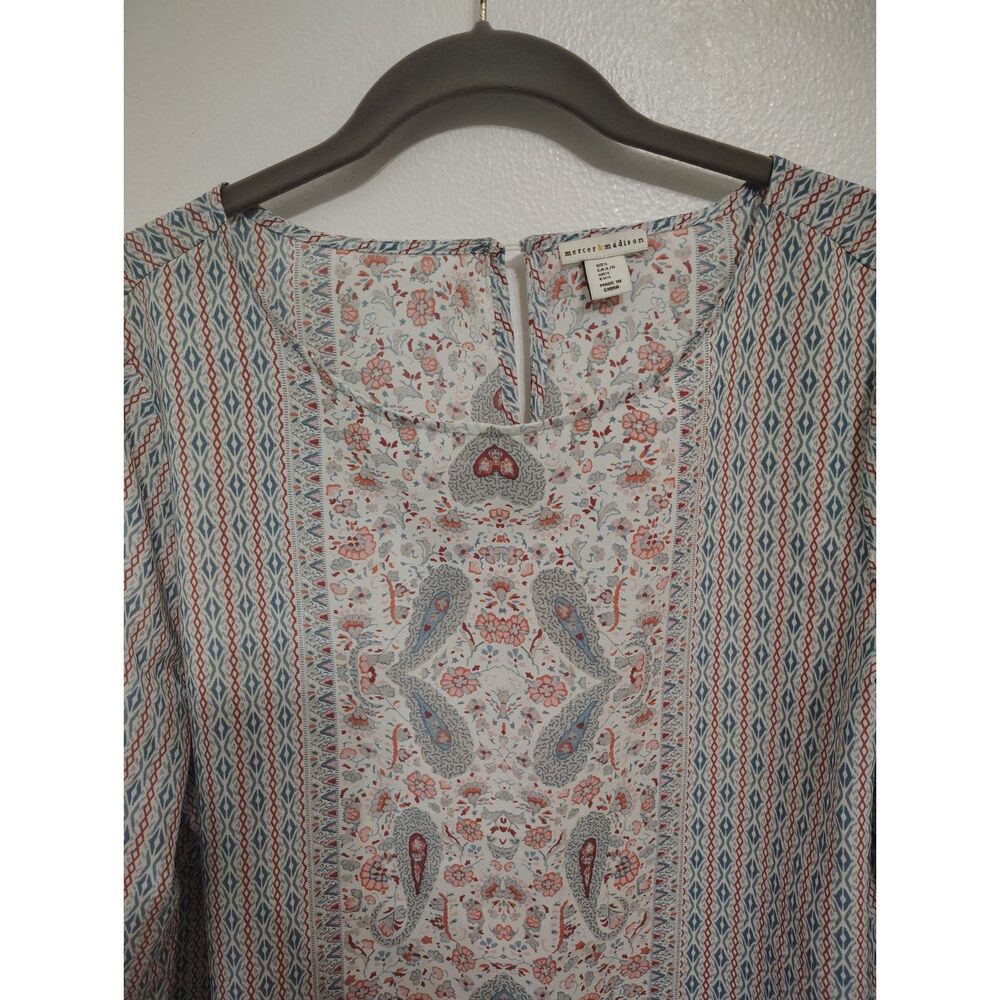 Mercer & Madison Boho Paisley Floral Blouse Tunic Blue Coral Size Large - Picture 3 of 7